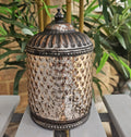 A hammered metal lidded jar with a distressed silver and bronze finish, displayed on a gray wooden table with a background of green plants and bamboo.